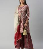women's round neck ethnic motifs zardozi taupe a-line kurti and sharara with dupatta