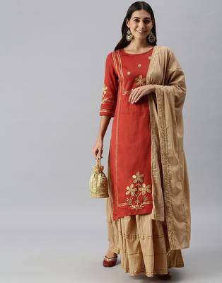 women's round neck solid rust straight kurta and skirt 1