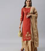 women's round neck solid rust straight kurta and skirt