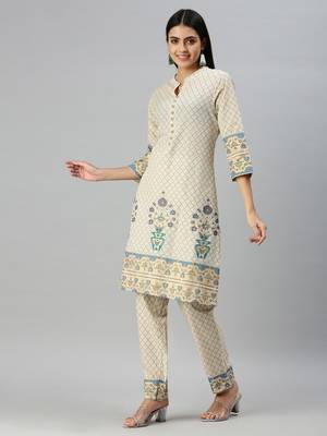 women's mandarin collar floral foil print cream straight kurti and trouser 2