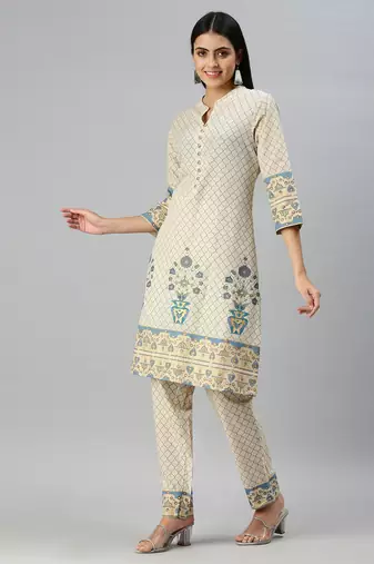 women's mandarin collar floral foil print cream straight kurti and trouser