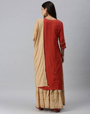 women's round neck solid rust straight kurta and skirt 2
