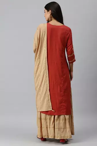 women's round neck solid rust straight kurta and skirt