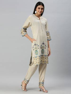 women's mandarin collar floral foil print cream straight kurti and trouser 3