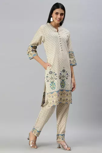 women's mandarin collar floral foil print cream straight kurti and trouser