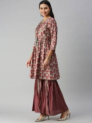 women's round neck ethnic motifs zardozi taupe a-line kurti and sharara with dupatta 2