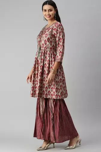 women's round neck ethnic motifs zardozi taupe a-line kurti and sharara with dupatta
