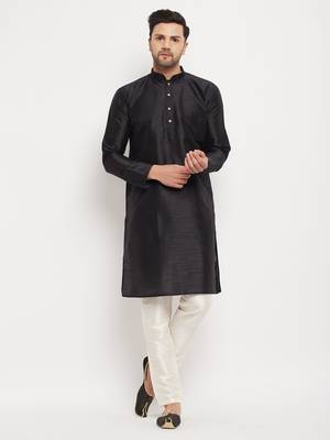 Cream Silk Blend Kurta Pyjama Set 1