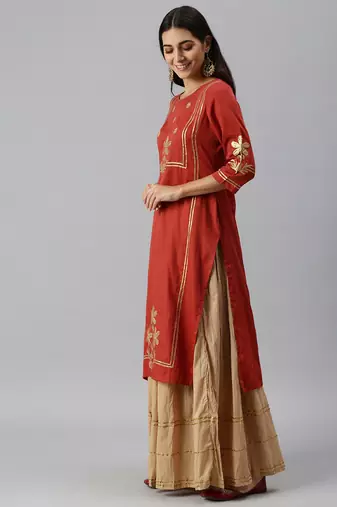 women's round neck solid rust straight kurta and skirt