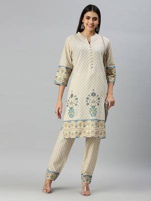 women's mandarin collar floral foil print cream straight kurti and trouser 4