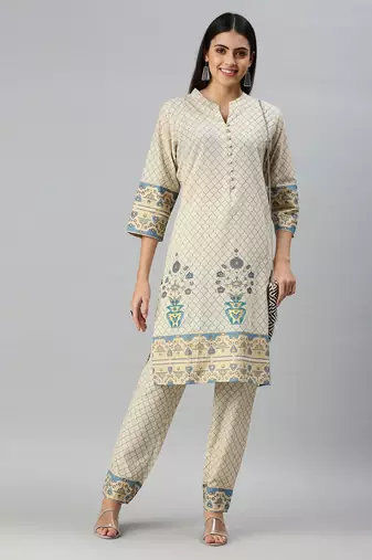women's mandarin collar floral foil print cream straight kurti and trouser