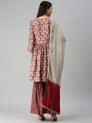 women's round neck ethnic motifs zardozi taupe a-line kurti and sharara with dupatta 3