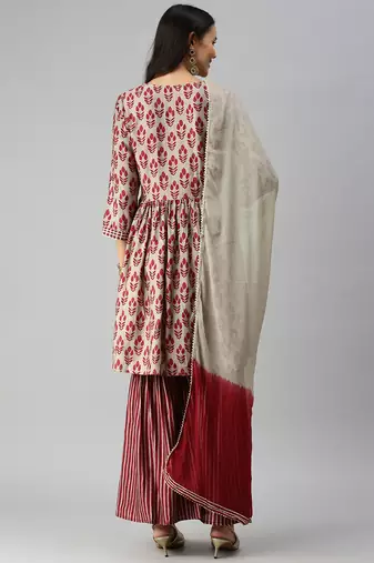 women's round neck ethnic motifs zardozi taupe a-line kurti and sharara with dupatta
