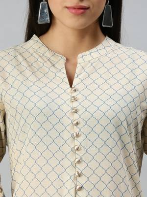 women's mandarin collar floral foil print cream straight kurti and trouser 5