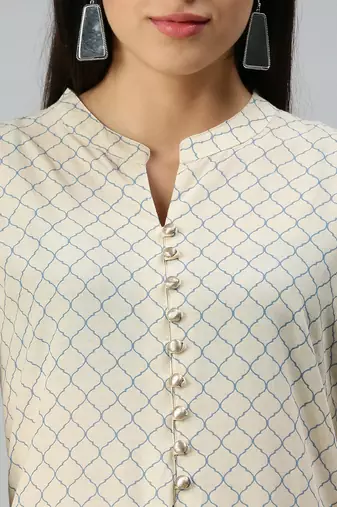 women's mandarin collar floral foil print cream straight kurti and trouser