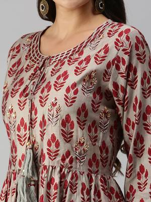 women's round neck ethnic motifs zardozi taupe a-line kurti and sharara with dupatta 4