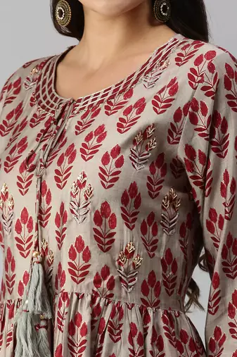 women's round neck ethnic motifs zardozi taupe a-line kurti and sharara with dupatta