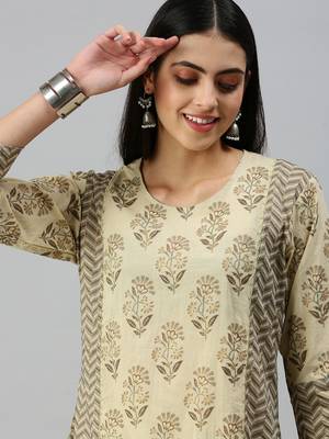 women's round neck floral block print beige straight kurta and trouser 1