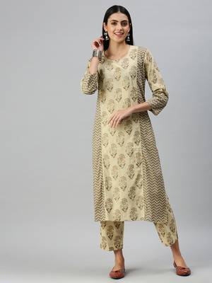 women's round neck floral block print beige straight kurta and trouser 2