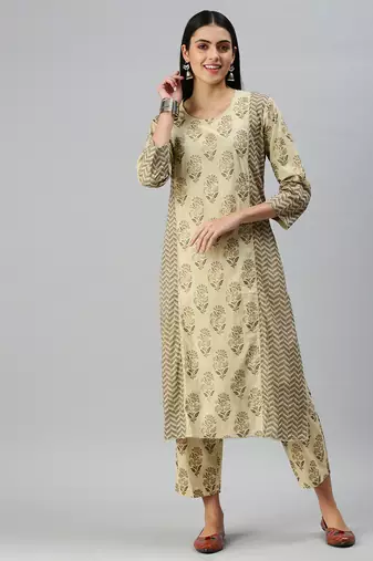 women's round neck floral block print beige straight kurta and trouser