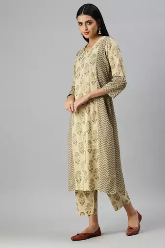 women's round neck floral block print beige straight kurta and trouser