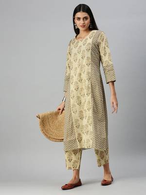women's round neck floral block print beige straight kurta and trouser 4