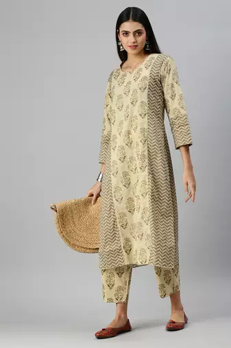 women's round neck floral block print beige straight kurta and trouser