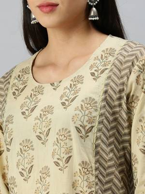women's round neck floral block print beige straight kurta and trouser 5