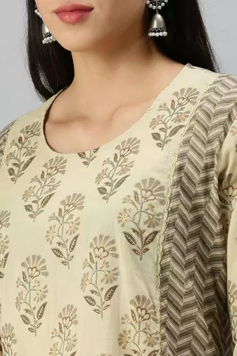 women's round neck floral block print beige straight kurta and trouser