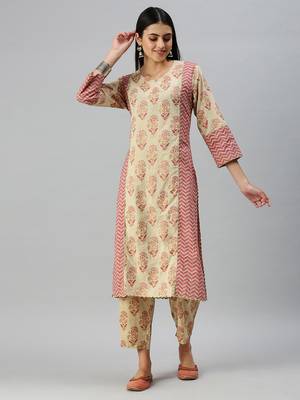 women's round neck floral block print beige straight kurta and trouser 1