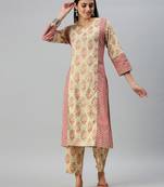 women's round neck floral block print beige straight kurta and trouser