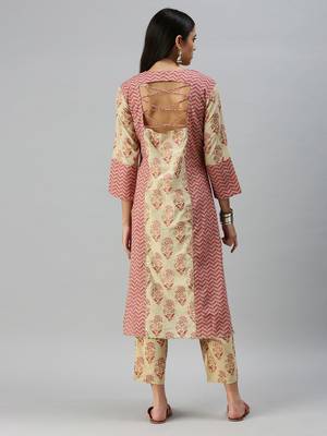 women's round neck floral block print beige straight kurta and trouser 2