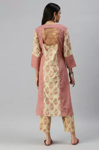 women's round neck floral block print beige straight kurta and trouser