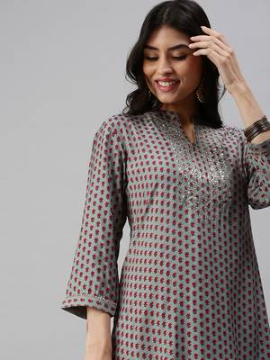 women's mandarin collar floral turquoise blue straight kurta and trouser 1