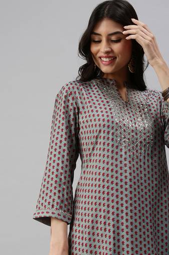 women's mandarin collar floral turquoise blue straight kurta and trouser