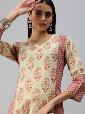 women's round neck floral block print beige straight kurta and trouser 3