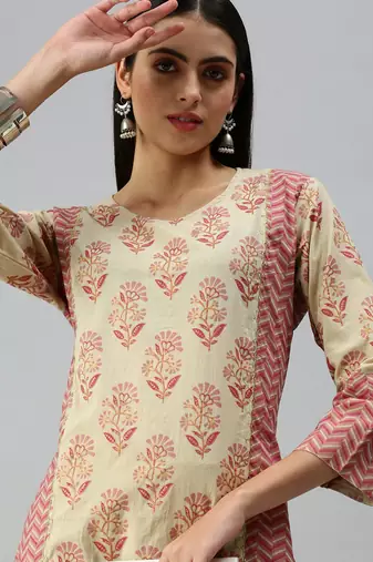women's round neck floral block print beige straight kurta and trouser