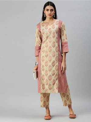 women's round neck floral block print beige straight kurta and trouser 4