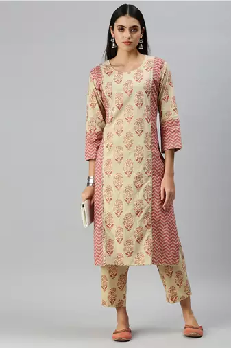 women's round neck floral block print beige straight kurta and trouser