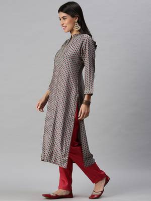 women's mandarin collar floral turquoise blue straight kurta and trouser 2
