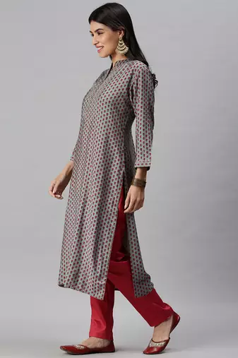 women's mandarin collar floral turquoise blue straight kurta and trouser