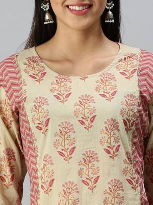 women's round neck floral block print beige straight kurta and trouser 5