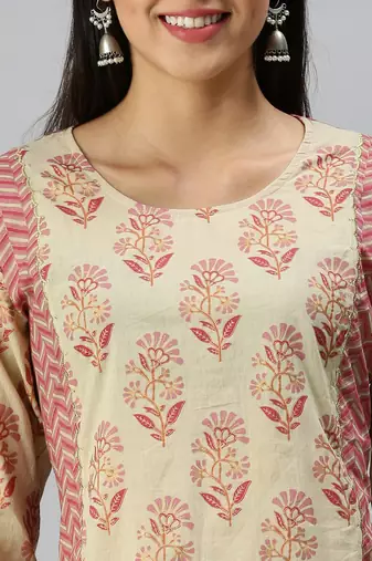 women's round neck floral block print beige straight kurta and trouser