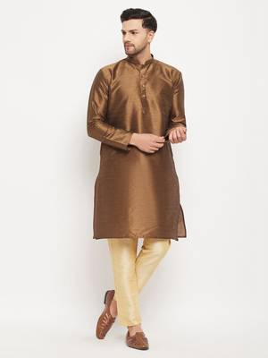 Gold Silk Blend Kurta Pyjama Set 1