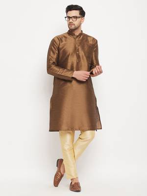 Gold Silk Blend Kurta Pyjama Set 2