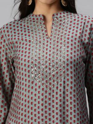 women's mandarin collar floral turquoise blue straight kurta and trouser 4