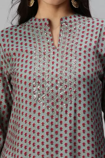 women's mandarin collar floral turquoise blue straight kurta and trouser
