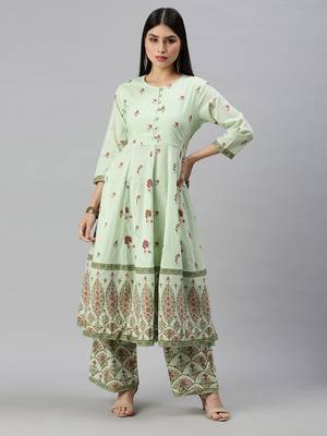 women's round neck floral foil print green anarkali kurta and palazzos 1