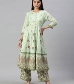 women's round neck floral foil print green anarkali kurta and palazzos