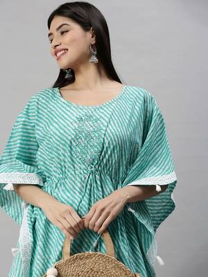 women's round neck leheriya leheriya turquoise blue kaftan kurta and trouser 1